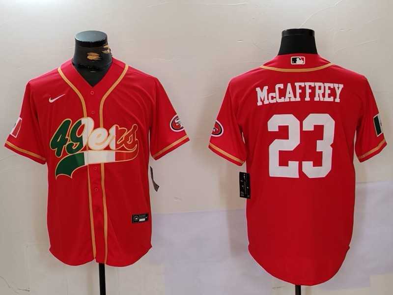 Men%27s San Francisco 49ers #23 Christian McCaffrey Red With Patch Cool Base Stitched Baseball Jersey